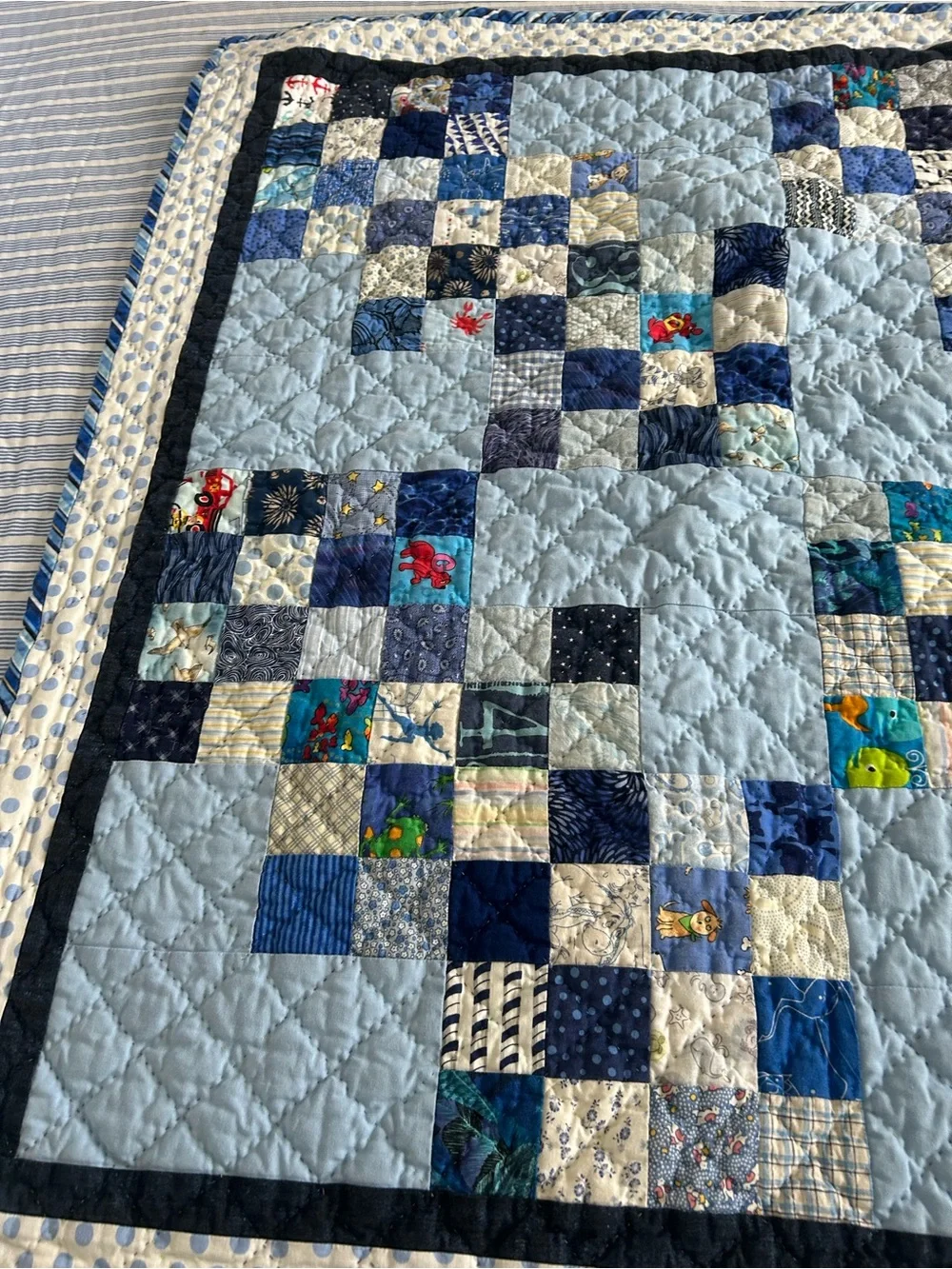 Hand stitched Blue Patchwork Baby Quilt. Size 37”x37”. Freshly laundered, ready